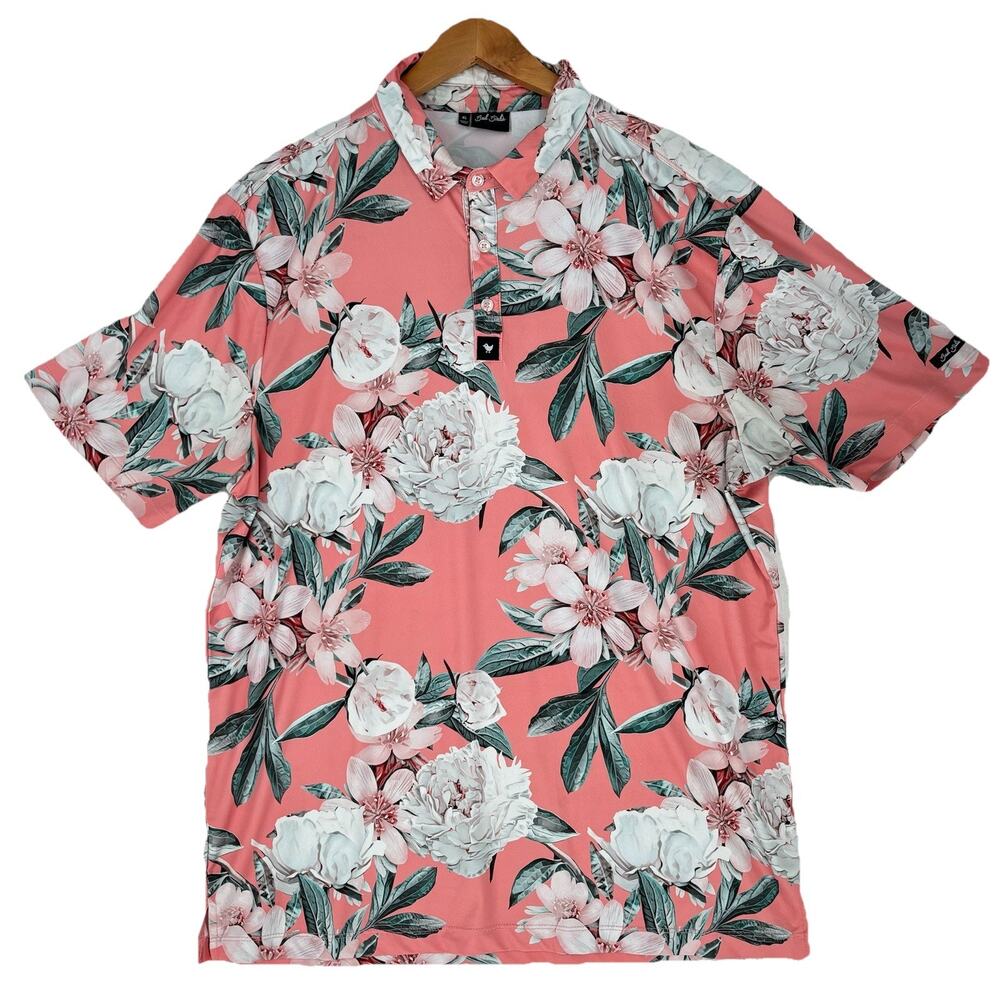 Bad Birdie Golf Polo Shirt XL Pink Floral Performance Stretch Shirt Short Sleeve